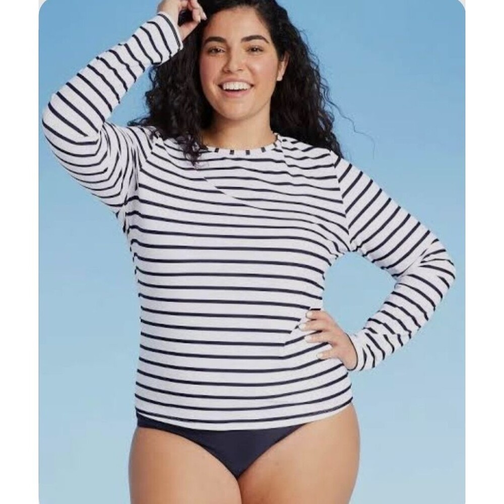 Kona Sol Rash Guard Blue White Striped Swim Top Beach UPF 50 LARGE